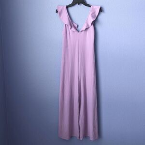 NWT Susana Monaco Violet Jumpsuit Ruffle Shoulder Wide Leg Stretch Nylon Spandex